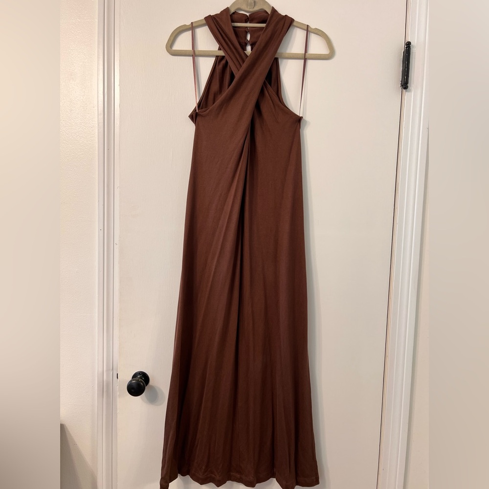 MASSIMO DUTTI BROWN CROSSOVER HALTERNECK MIDI DRESS ✨ - Picture 3 of 5